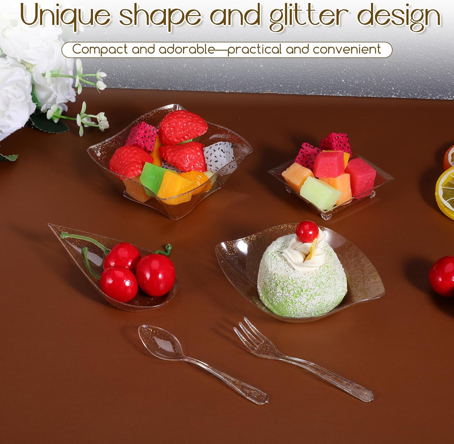 400 Pcs Mini Appetizer Plates Set with Spoons & Forks, Disposable Mini Dessert Plates, Dessert Containers Assorted Shape Tiny Individual Serving Trays for Party (Glitter Style, Gold Glitter)