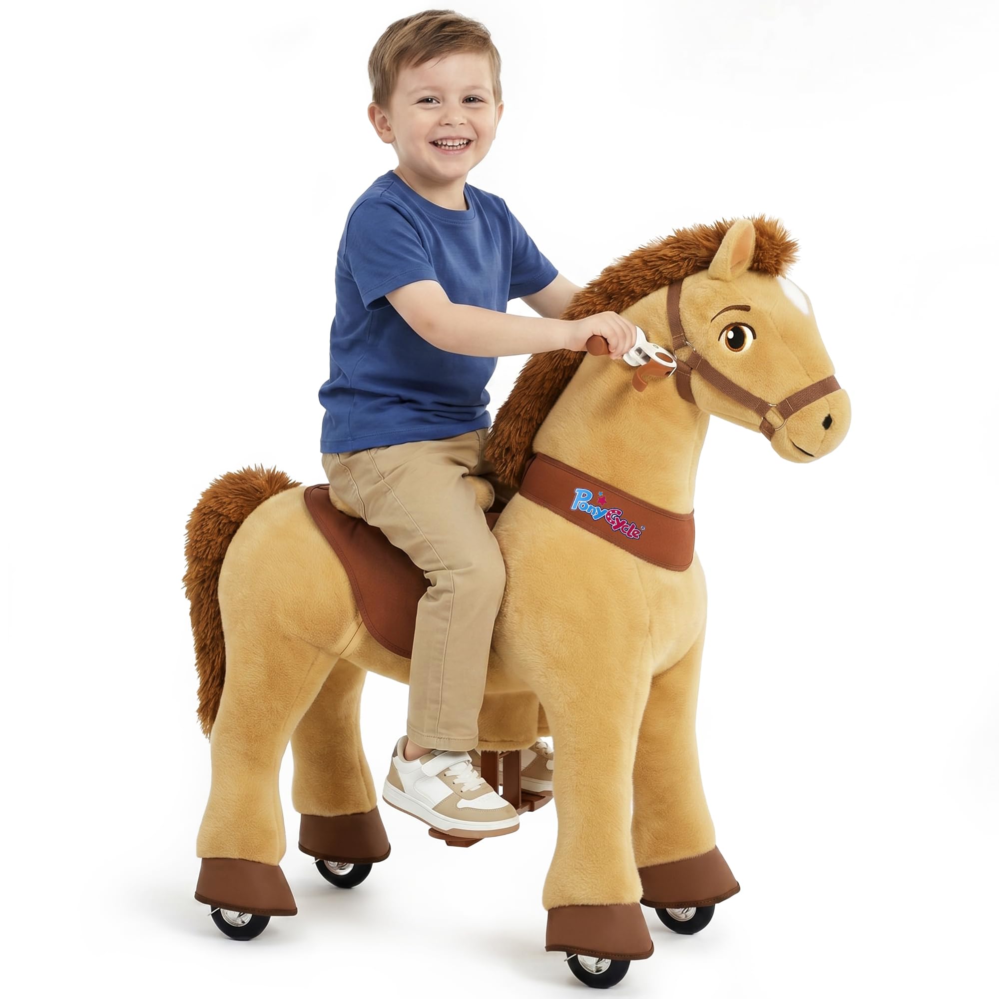 PonyCycle® Schaukelpferd auf Rollen | für Kinder 4–7 Jahre, 90cm | Hellbraunes Plüsch Reitpferd mit Handbremse | Stehpferd, Schaukeltier, Indoor & Outdoor | Basis Modell E – E436