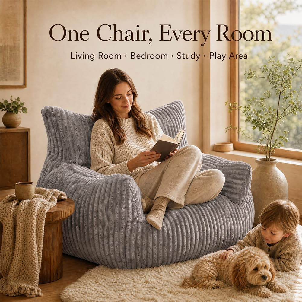 Oversized Faux Fur Bean Bag Chairs for Adults with Handle, Side Pocket & Non-Slip Base, Memory Foam Bean Bag Chair for Living Room Bedroom (Large Stripe Grey)