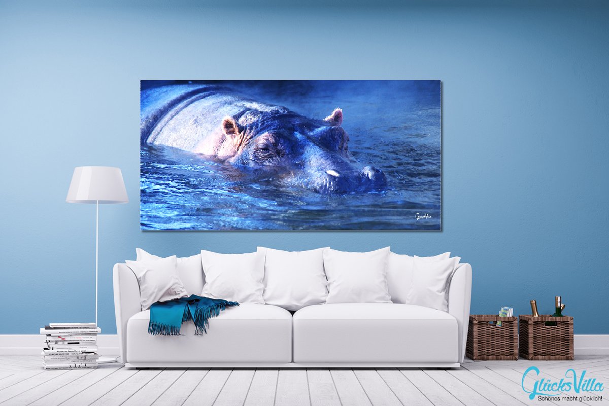 Glücksvilla - Nilpferd 2 (Leinwand-Bild 2 cm, 200 x 100 cm) | div. Maße - aus DE - Kunstdruck Deko Wandbild quer - Wildnis Afrika Natur Tier Hippo