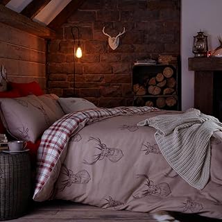 Catherine Lansfield Stag Check Reversible King Duvet Cover Set with Pillowcases Natural