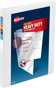 Avery Heavy-Duty View 3 Ring Binder, 0.5 Inch One Touch Slant Rings, 135-Sheet Capacity, DuraHinge, 0.7 Inch Wide Spine, Customizable Clear Cover and Spine, 1 White Binder 79380