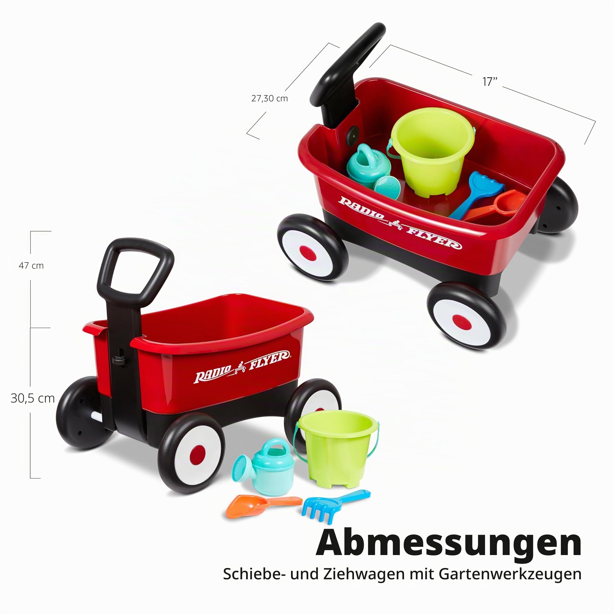 Radio Flyer Push & Pull Walker Kombi mit Gartengeräten, roter 2-in-1 Wagen für Kleinkinder, für 1–4 Jahre