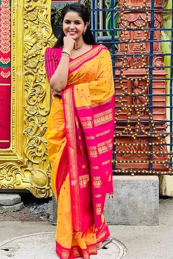 Image of Pure Kalyani Cotton Saree | Zari Border & Blouse Piece - Lata Gadwal Design | Traditional Saree