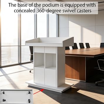 Podium Stand with Wheels, Pulpits for Churches, Floor-Standing Speaking Podium Lectern Stand, Portable Pulpit with Storage, Host Stand for School Conference,White