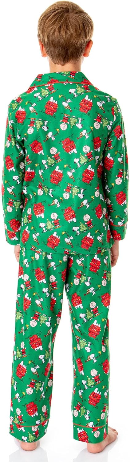 INTIMO Peanuts Boys' Christmas Snoopy Charlie Brown Home For The Holidays Button Down Sleep Pajama Set - Image 5