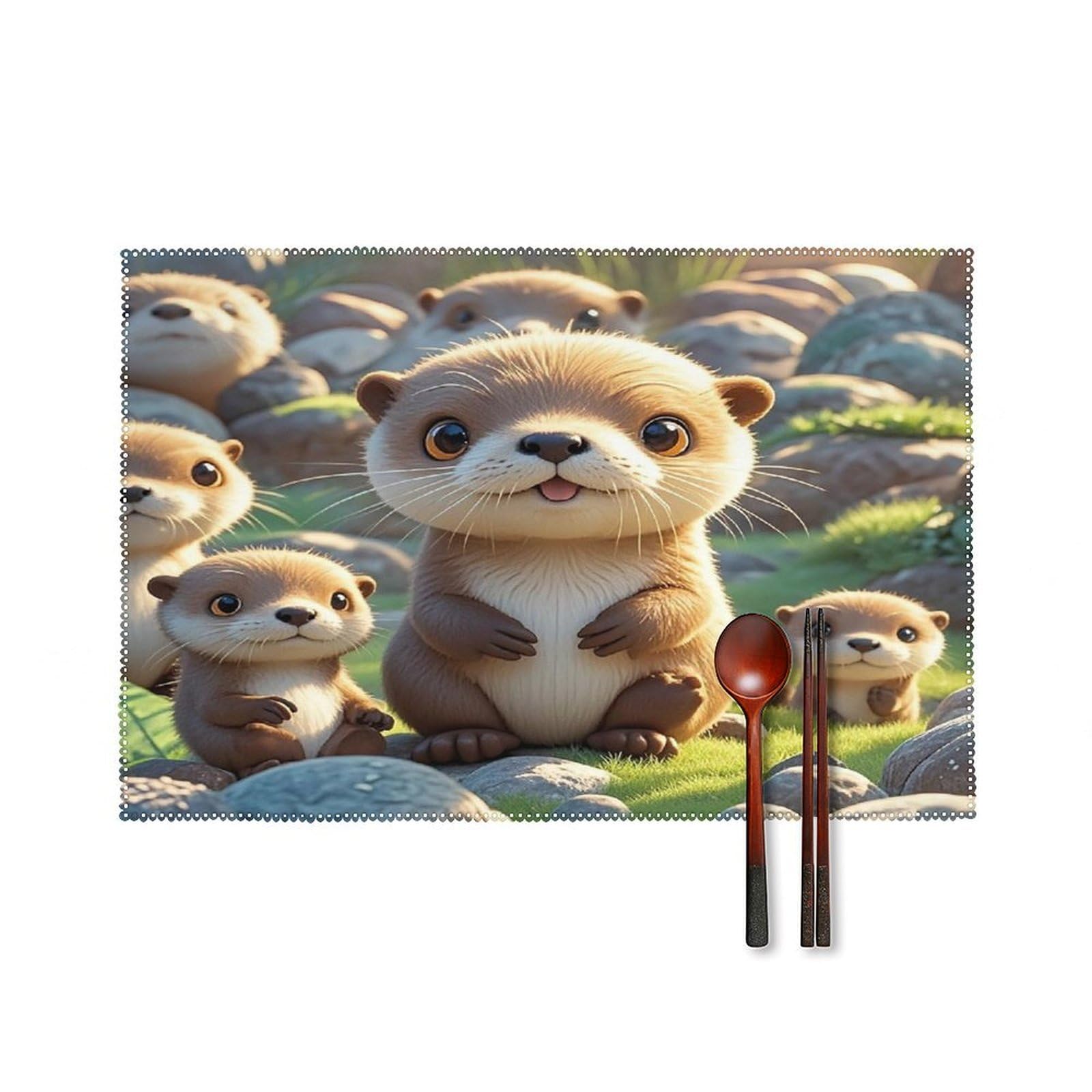 Cartoon Brown Otters Placemats Set of 4 Heat Resistant Non-Slip Place Mats Wipeable Easy to Clean Table Mats for Kitchen Dining Party Outdoor Placemats