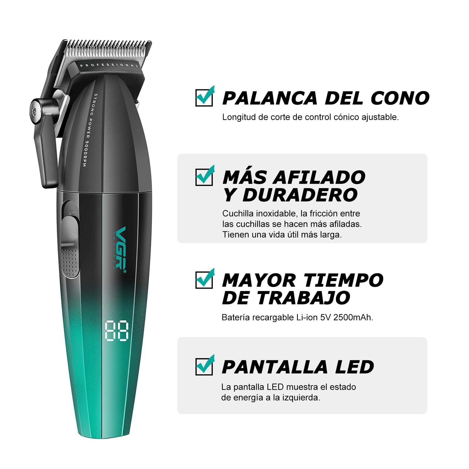 VGR 003 Cortapelos Profesional Inalámbrico, Máquina de Cortar Pelo Hombre, Cuerpo Metálico, Motor 9000 RPM, Cuchillas Cerámicas, LED, USB, Verde