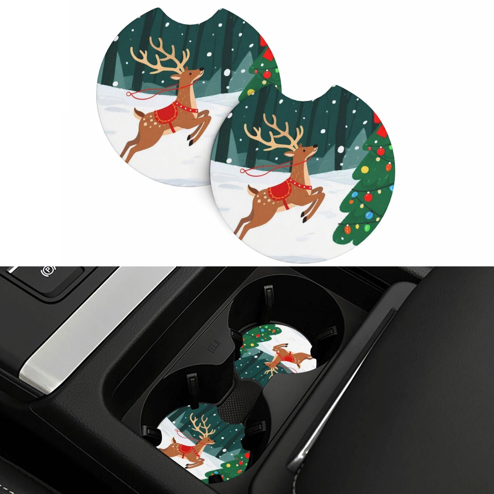 2 Pack Car Coasters,2.7" Universal Car Cup Holder Coasters Non-Slip Neoprene Cup Pad Mat Coaster Car Interior Accessories for Women Men Christmas Tree Elk