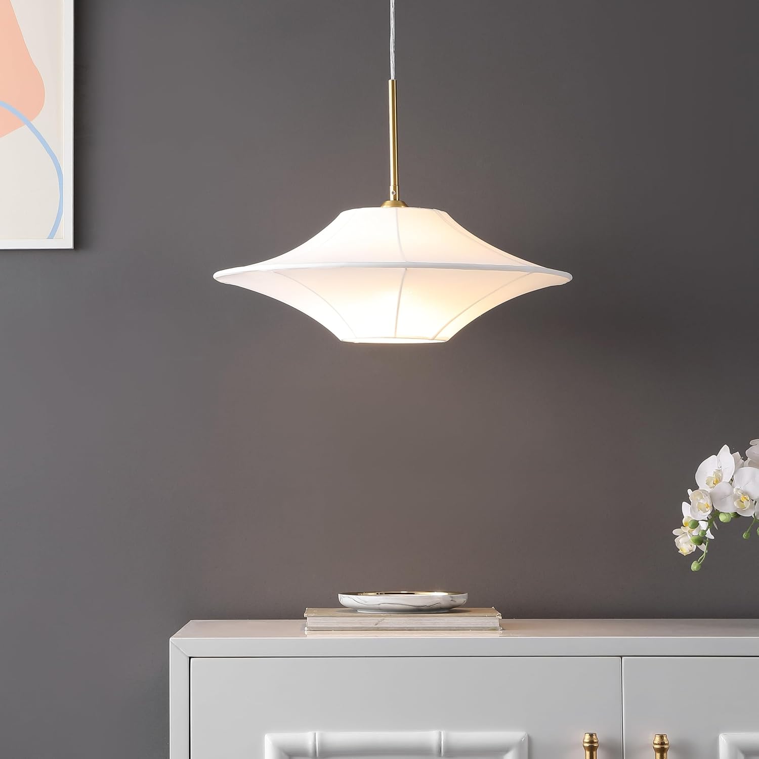 SAFAVIEH Lighting Collection Lanai White/Brass Fabric/Metal Hanging Light Fixture Pendant (LED Bulb Included)