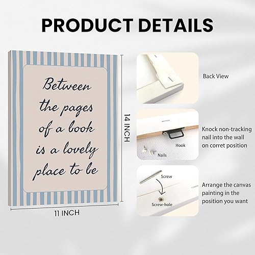 Miniatura 2 de IWGDNJS Arte de pared de libro a rayas azules y blancas, decoración de rincón de lectura, lienzo retro para pared de estudio, dormitorio,