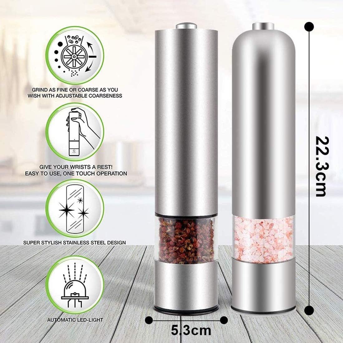 2 Pcs Set Electric Salt Pepper Grinder Mill Set, Battery Operated, Ceramic Grinding Blade with Led Light and Adjustable Coarseness.