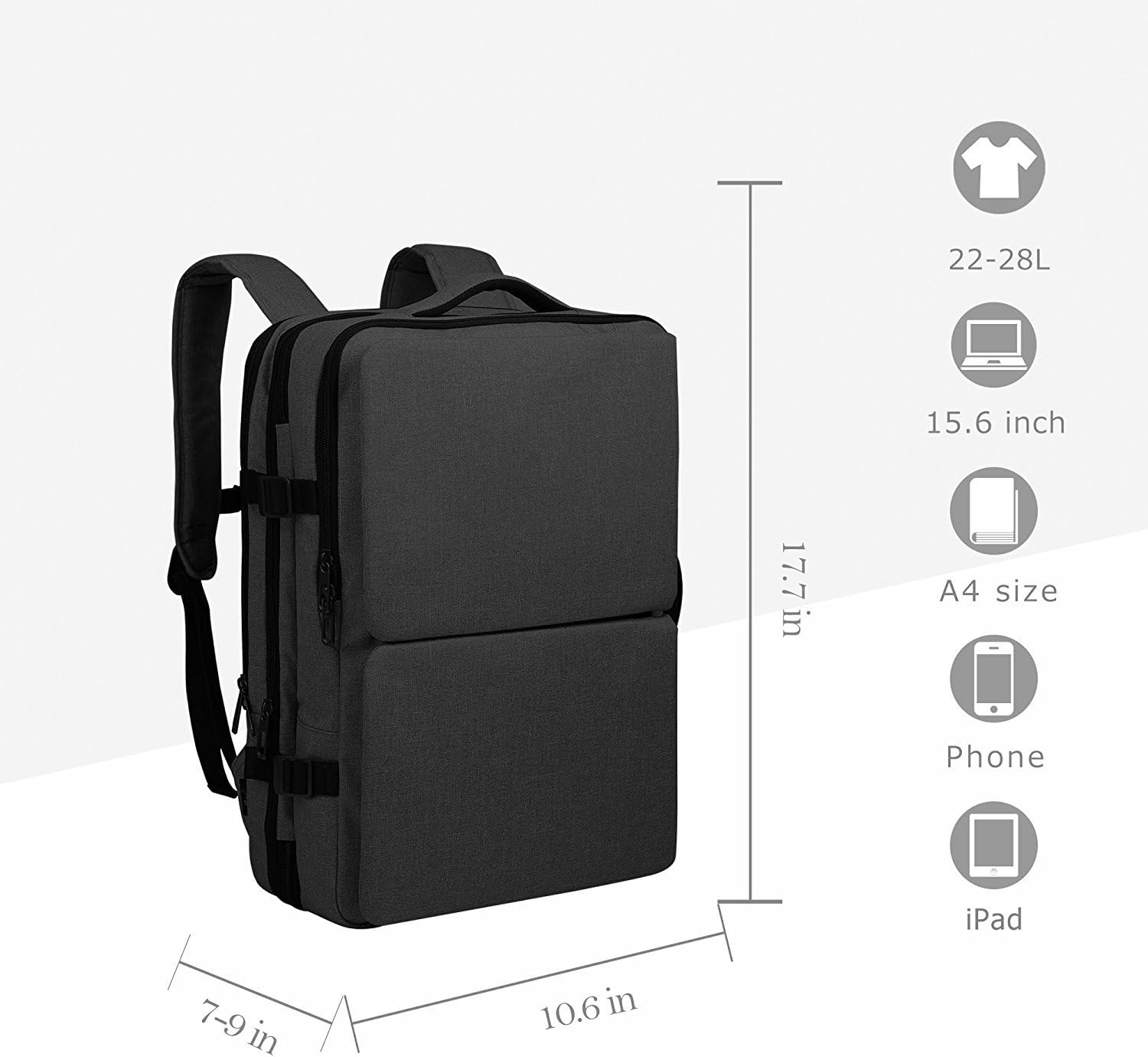 CAI Unisex College Bag, Large Travel Laptop Backpack 15 Inch 17 Inch Computer Water Resistant Rucksack (15, Black)