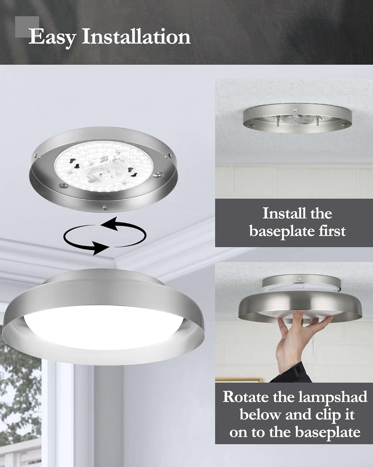 Ken & Ricky Flush Mount Ceiling Light Fixture, Led Dimmable 24w for Bedroom Kitchen Bathroom Laundry Hallway Entryway,Remote Control (Brushed Nickel,12Inch,2PK)