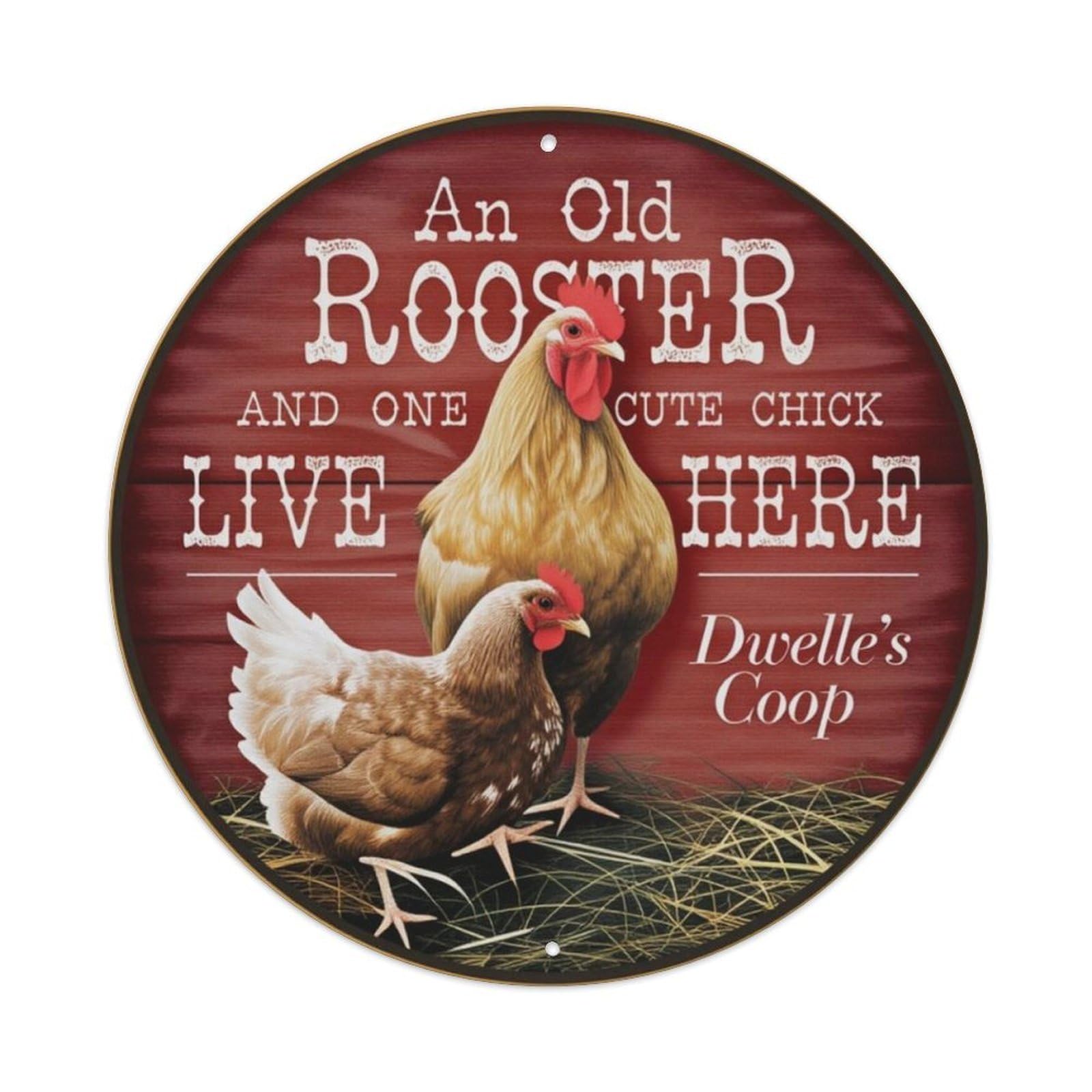 Vintage Farm Rooster And Hen Round Sign Vintage Aluminium Metal Sign, Retro Wall Decor for Home, Bar, Garage & Farmhouse 20x20cm