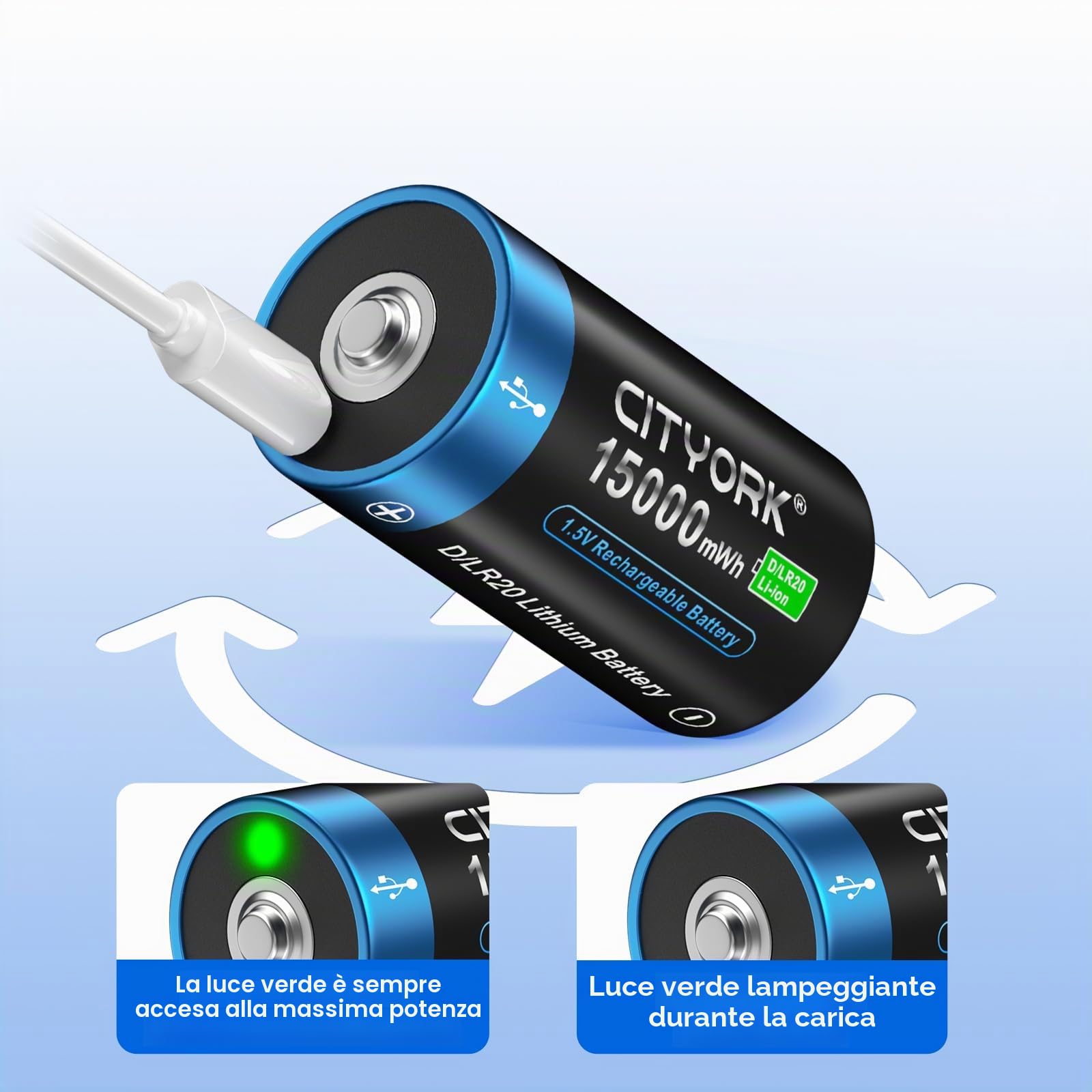 CITYORK Batteria USB D da 15000 mWh da 1,5 V, ricaricabile con cavo di ricarica USB-C (8 pezzi), batteria USB D ricaricabile agli ioni di litio, batterie Mono D LR20, oltre 1000 cicli e riciclabile,