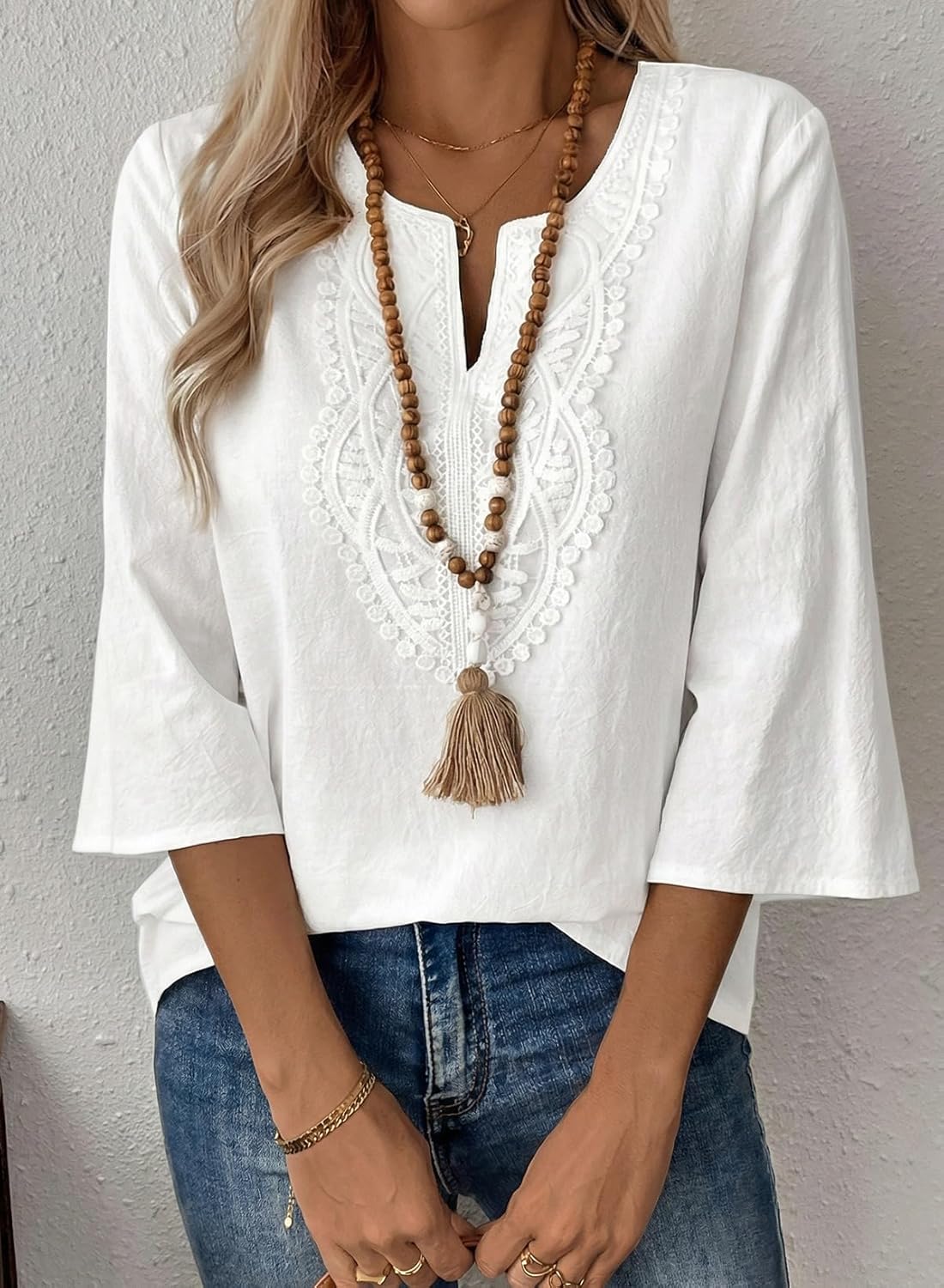 EVALESS Boho Tops for Women Blouses Dressy Casual V Neck 3/4 Sleeve Shirts Spring Outfits Trendy Vacation Clothes - Image 2