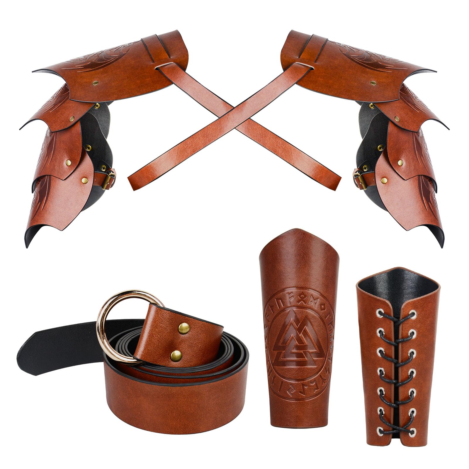 CrosCentury3Pcs Renaissance Accessories,Medieval Leather Double Shoulder Armor,Viking Leather Bracers Arm Guards,Knight Leather Belt