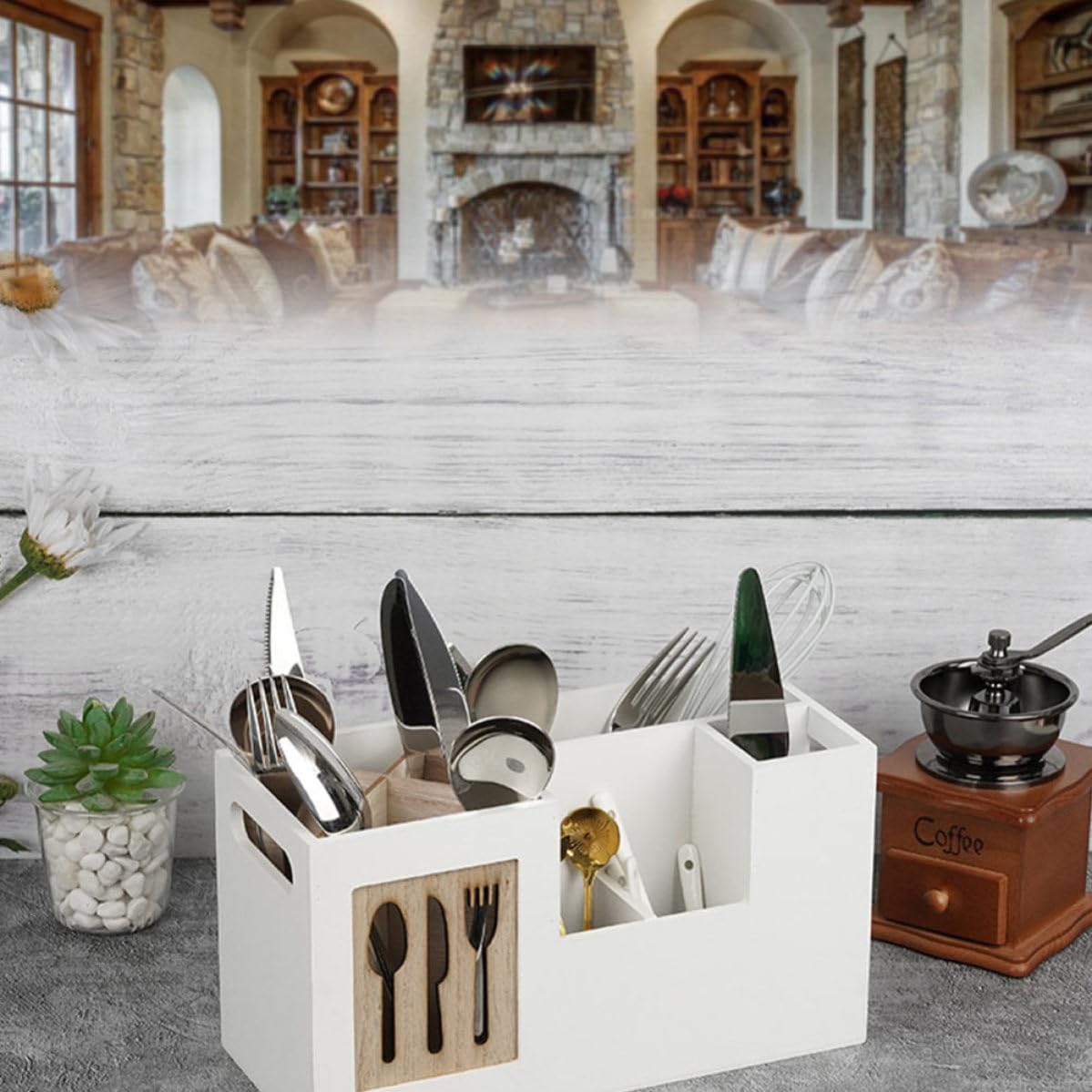 Angoily Boîte de Rangement pour Ustensiles Cuisine en Bois Blanc, Résistante aux Rayures, pour Organiser Couverts et Garder Ustensiles Accessibles Cuisine