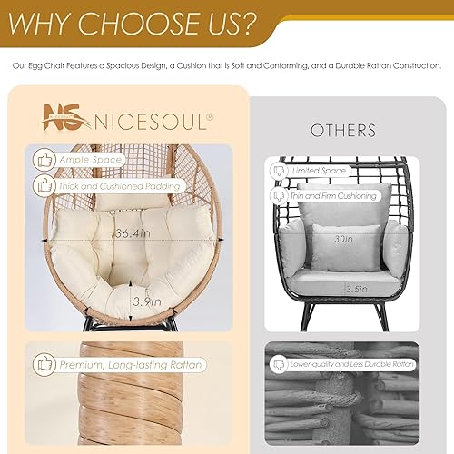 Miniatura 9 de NICESOUL Silla de mimbre con otomana, para interiores y exteriores, cesta de huevos con cojín, asiento de huevo de gran tamaño con patas de 440