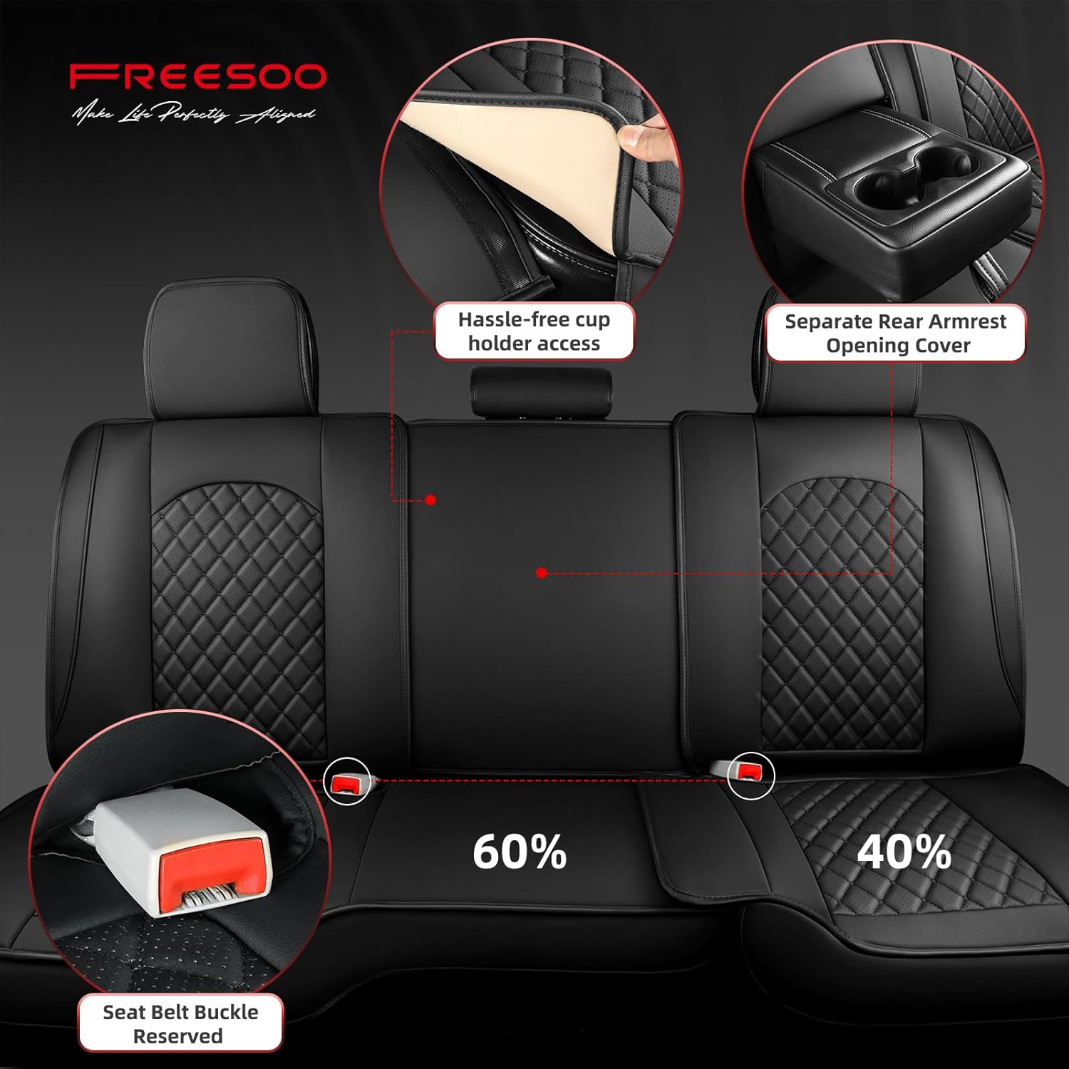 FREESOO Car Seat Covers Full Set for Dodge Ram 2002-2018 1500, 2011-2026 2500 3500 Classic Crew Cab Quad Cab Leather Seat Cover with Concave Bench, Black