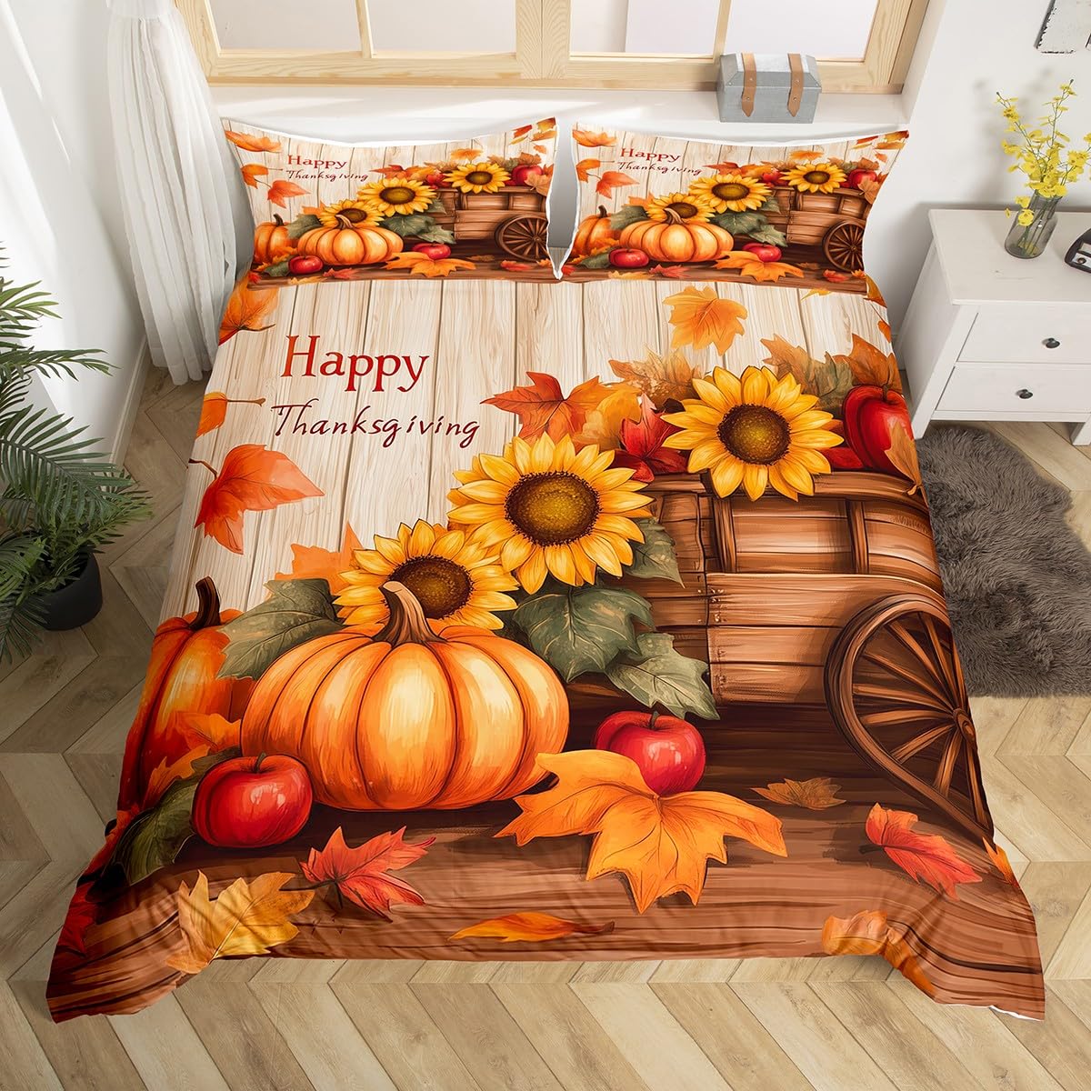 Happy Thanksgiving Bedding Sets Toddler Size,Watercolor Sunflowers Maple Leaf Comforter Cover Set,Fall Pumpkin Apples Fruit Duvet Cover for Kids Teen,Soft Bed Set 2 Pcs(NO Comforter)