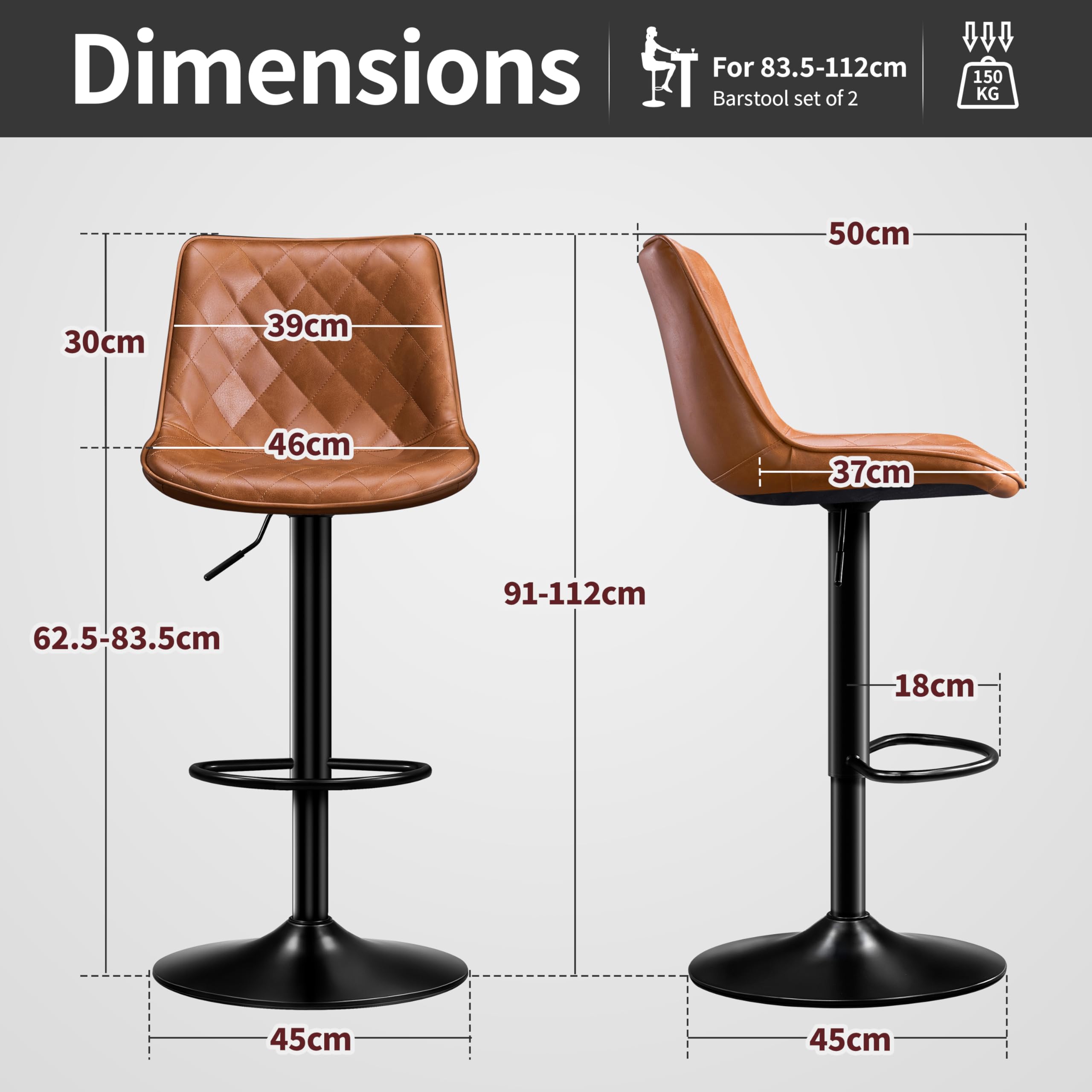 STOOLINK Juego de 2 Taburete Cocina, Taburete Alto Cuero de Microfibra, Taburete de Bar con Respaldo, Taburete Bar Regulables en Altura, Sillas de Bar con Reposapiés-Whisky Marrón