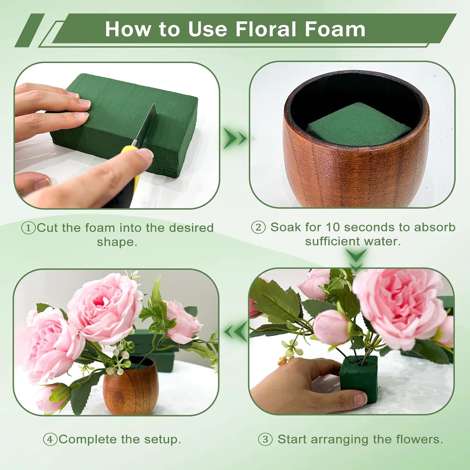 40 Pcs Floral Foam Blocks Dry with Green & Clear Floral Tape | 40 dry floral foam blocks with protective film plus green and clear floral tape for artificial flower arrangements
