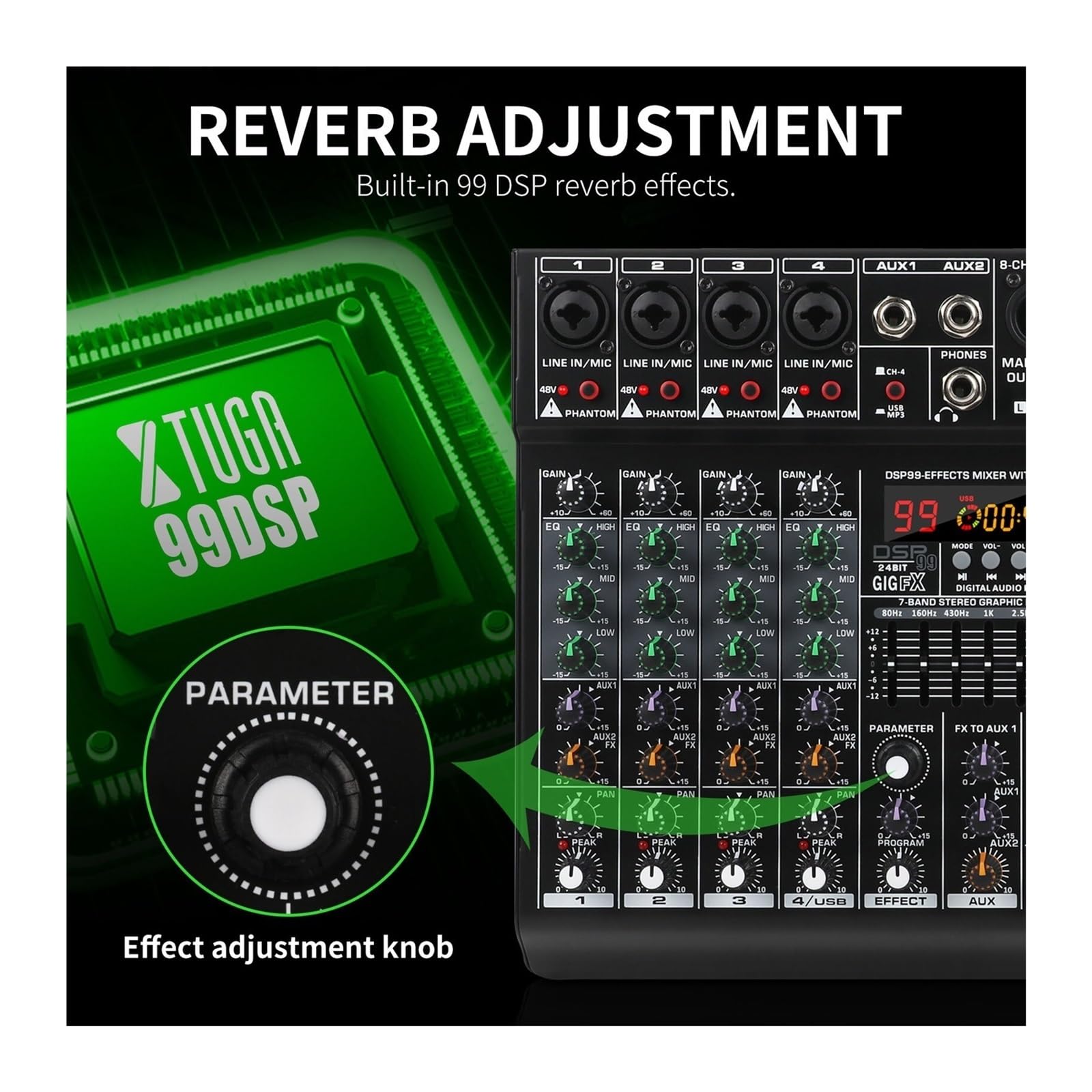 Mezclador de audio, Mezclador de audio profesional 6 canales con 99 efectos DSP, ecualizador 7 bandas, alimentación fantasma 48 V, interfaz USB for grabación