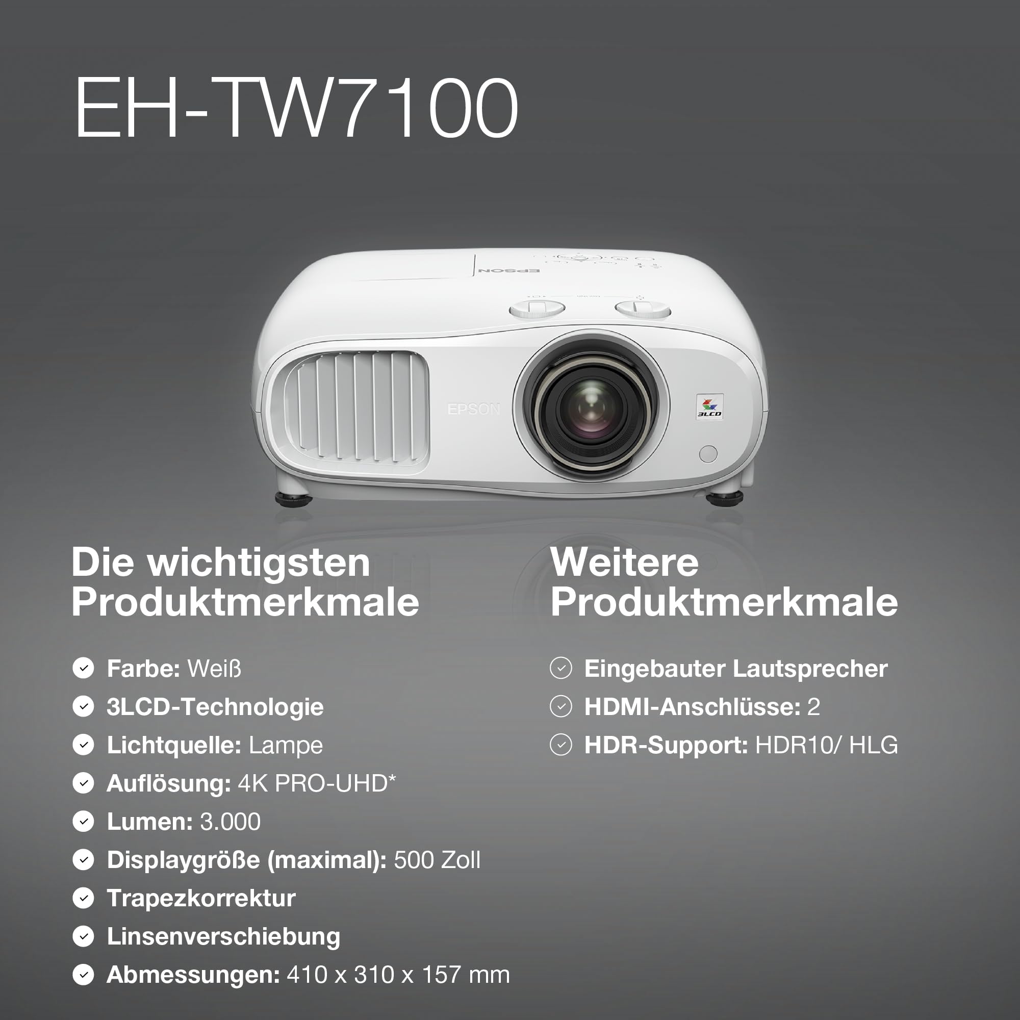 Epson EH-TW7100 | 4K-PRO-UHD-Projektor | 3.000 Lumen | 3LCD | 500"-Projektionsfläche | Einfaches Streamen von Geräten mit 2 HDMI-Anschlüssen | 10-W-Stereolautsprecher | Heim- und Gaming-Nutzung | Weiß