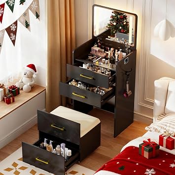 Small Makeup Vanity Desk with Flip up Mirror and LightsBlack | 3 in 1 Vanity Table with Charging Station,Glass Top,3 Drawers,Compact Dressing Table with Wheel Storage Stool for Bedroom