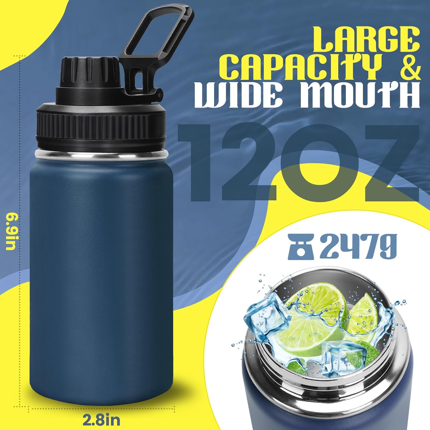 12 oz Water Bottle,Small Insulated Water Bottle, Stainless Steel Small, Leak Proof with Chug Lid, Wide Mouth BPA Free Double Wall Vacuum (Navy Blue) - Image 2