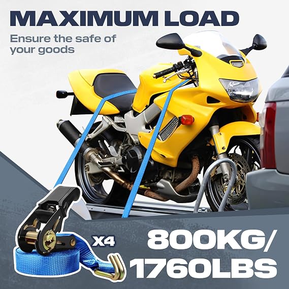 4 x 800KG Ratchet Tie Down Straps, Heavy Duty, with J Hook,6M x 25MM