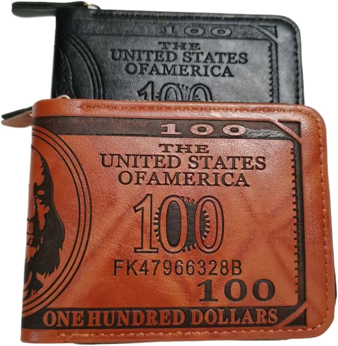 Cool Wallets for teen boys Ages 10-18, Cash with ID Window Cardholder,Faux Leather Wallet for Teen boys,Zippered Wallet for Teenagers,Teenage Teenager Youth Gift. (Brown dollar pattern)
