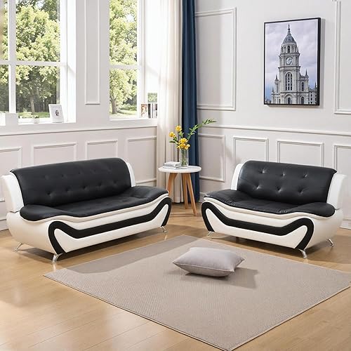 Miniatura 10 de Juego de muebles de sala de estar de 3 piezas, juego de sofá de piel sintética, juego de sofá blanco y negro para el hogar, apartamento, oficina