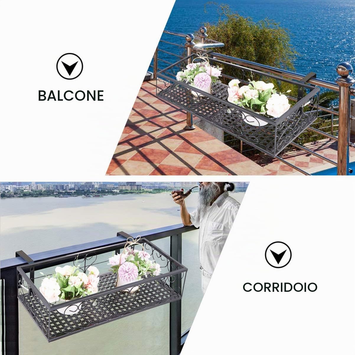 Hemoton Portavaso di Fiori Ferro Arte Rettangolare Cesti Appesi Vasi da Giardino Fioriere Secchio di Metallo per Patio Balcone Recinzione del Portico 50X20x12cm