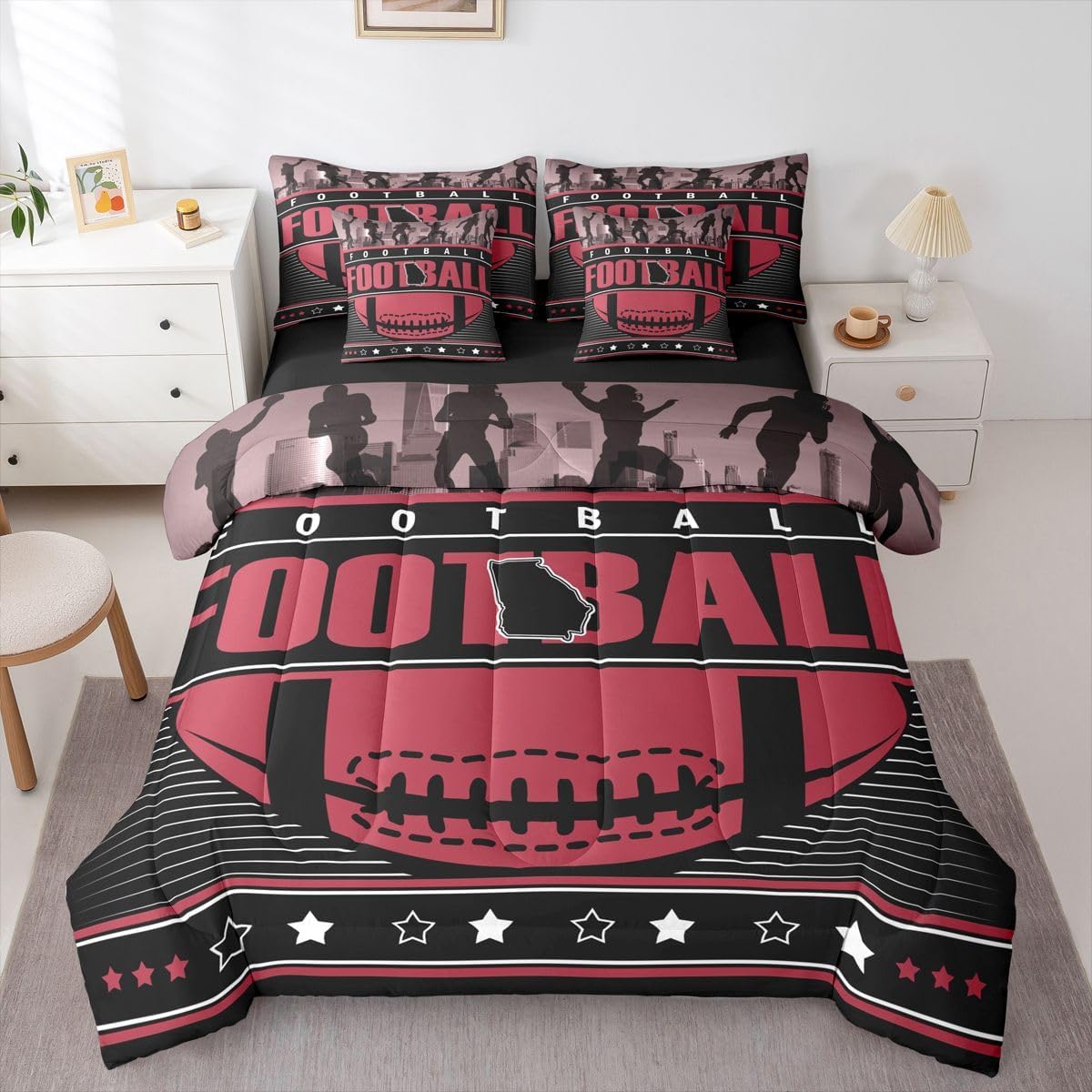 Erosebridal Sports Lovers Bedding King, Rugby Football Player Silhouette Comforter Set, Football Style Comforter+Fitted+Flat Sheet+2 Pillowcases+2 Throw Pillow Covers
