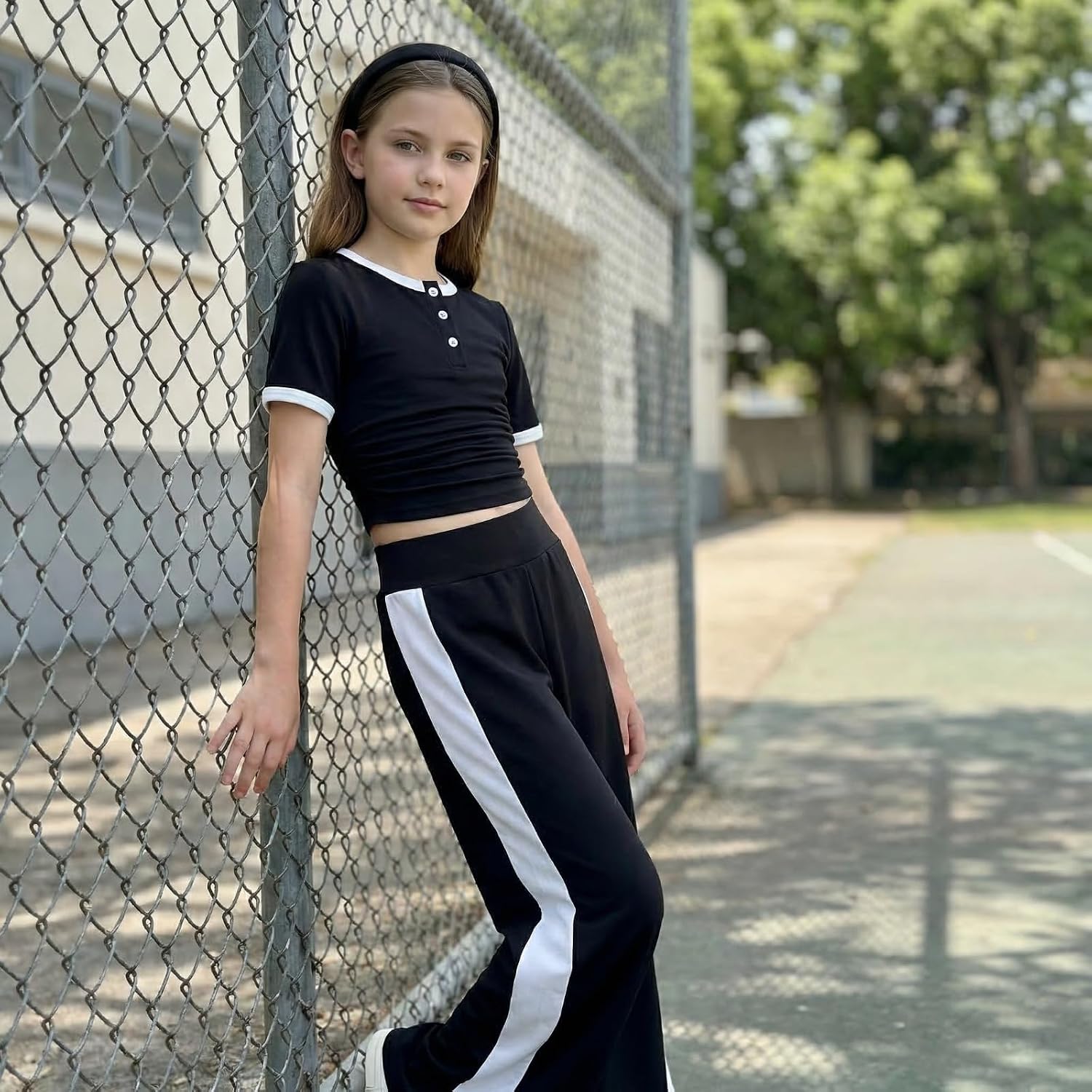 Girls 2 Piece Outfits Ruched Short Sleeve Top with Wide Leg Pants Casual Set Tween Girl Clothes, Size 7-14 Years