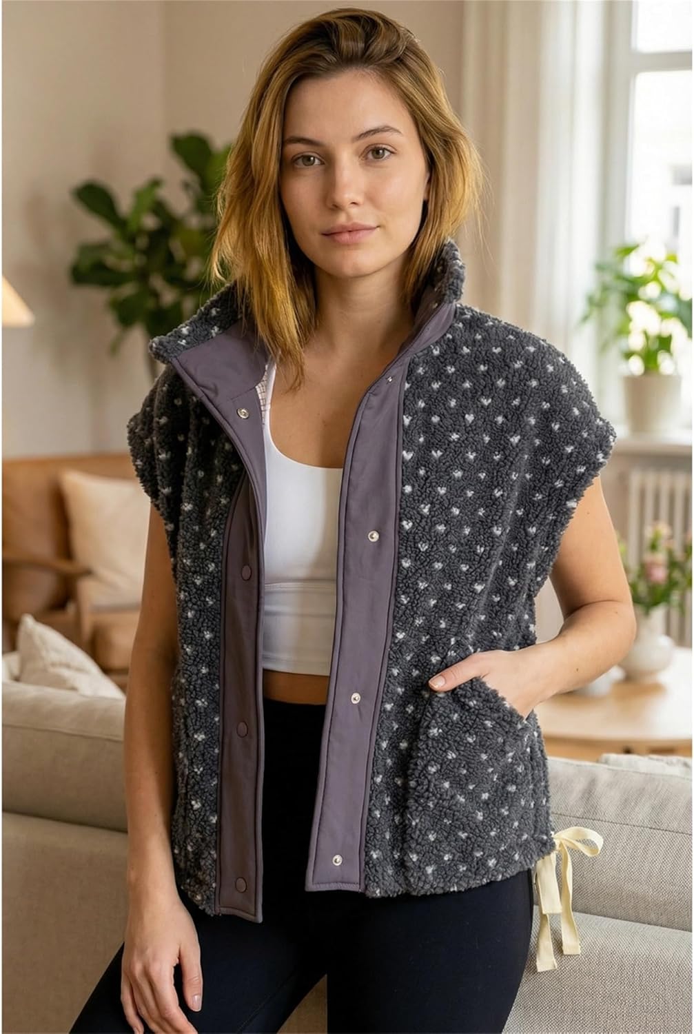 SeeLuNa Slouchy Sherpa Vest for Women Mock Neck Cap Sleeve Polka Dot Fuzzy Fleece Vests Loose Button Down Gilet Outerwear