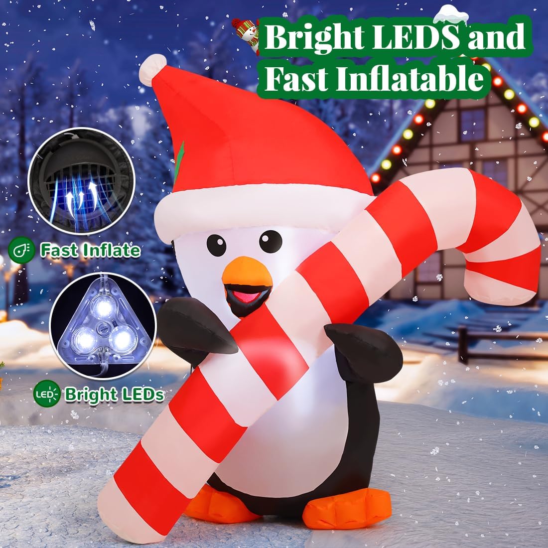 GOOSH 5.2 FT Christmas Inflatables Penguins Outdoor Decorations Blow Up Yard Penguins Holding Candy Cane with Built-in LEDs for Xmas Holiday Party Indoor Garden Lawn Decor