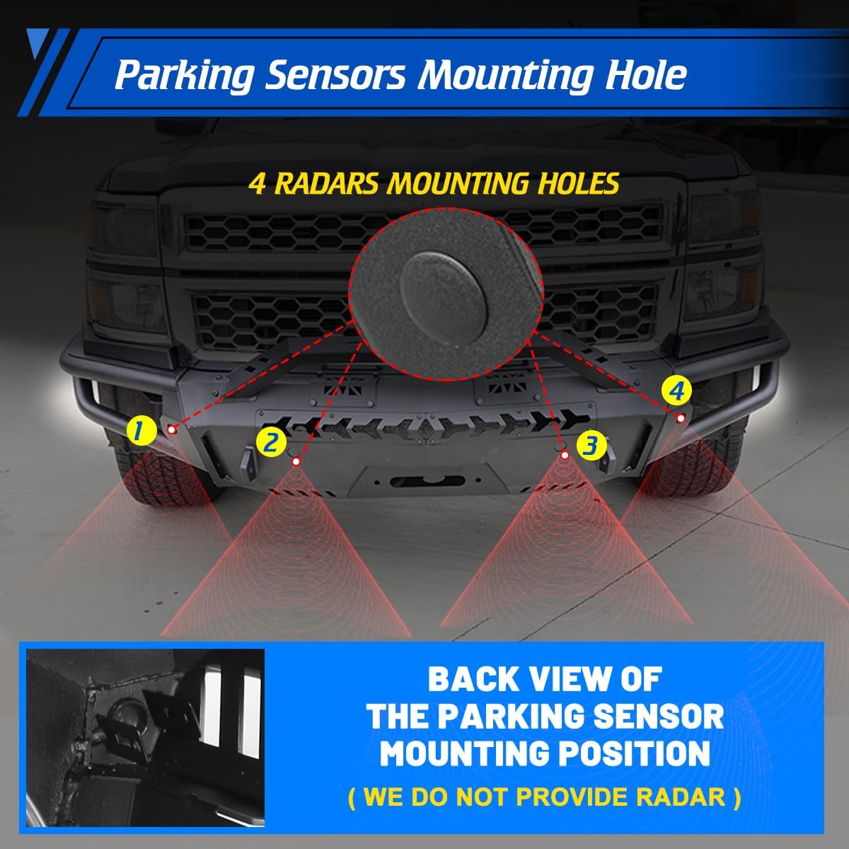 CPW Front Bumper Fit For 2014 2015 Chevy Silverado 1500, Modular Steel Mid-Width Front Bumper & Round Tube Side Wings & Bull Bar w/D-Ring Shackles & 4'' Pod Lights & Light Bar/Pod Light Bracket