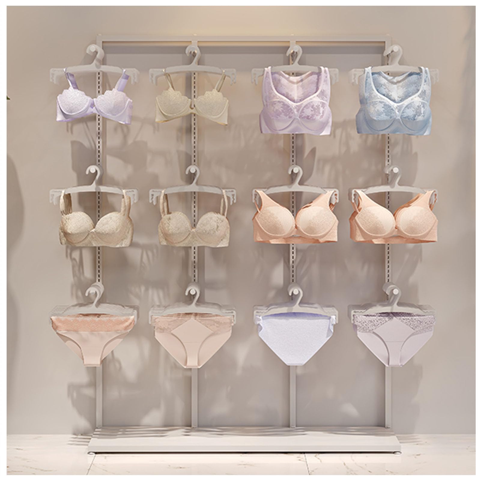DETMOL Lingerie rack, suitable for boutiques and retail stores, with holders for handbags, panties, bras, gloves, socks, swimwear and beachwear.