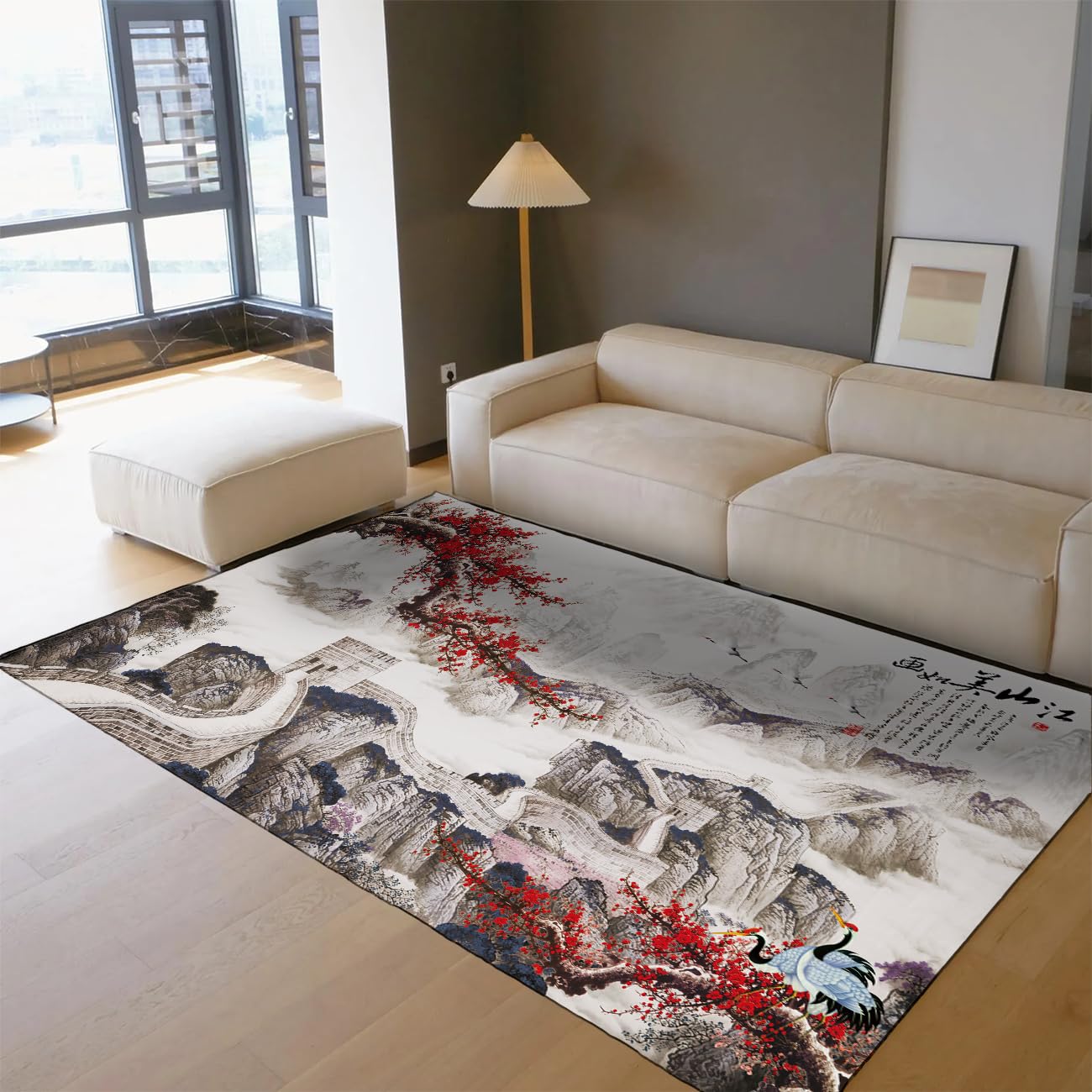 Tapis fleurs de prunier rouge 100x150 cm lavable et antidérapant pour descente de lit de chambre
