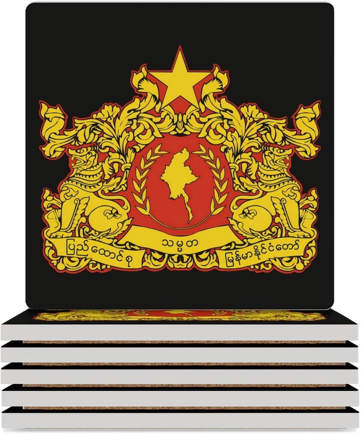 State Seal of Myanmar Funny Ceramic Coasters for Drinks Absorbent Cup Holder Tabletop Protector with Cork Base