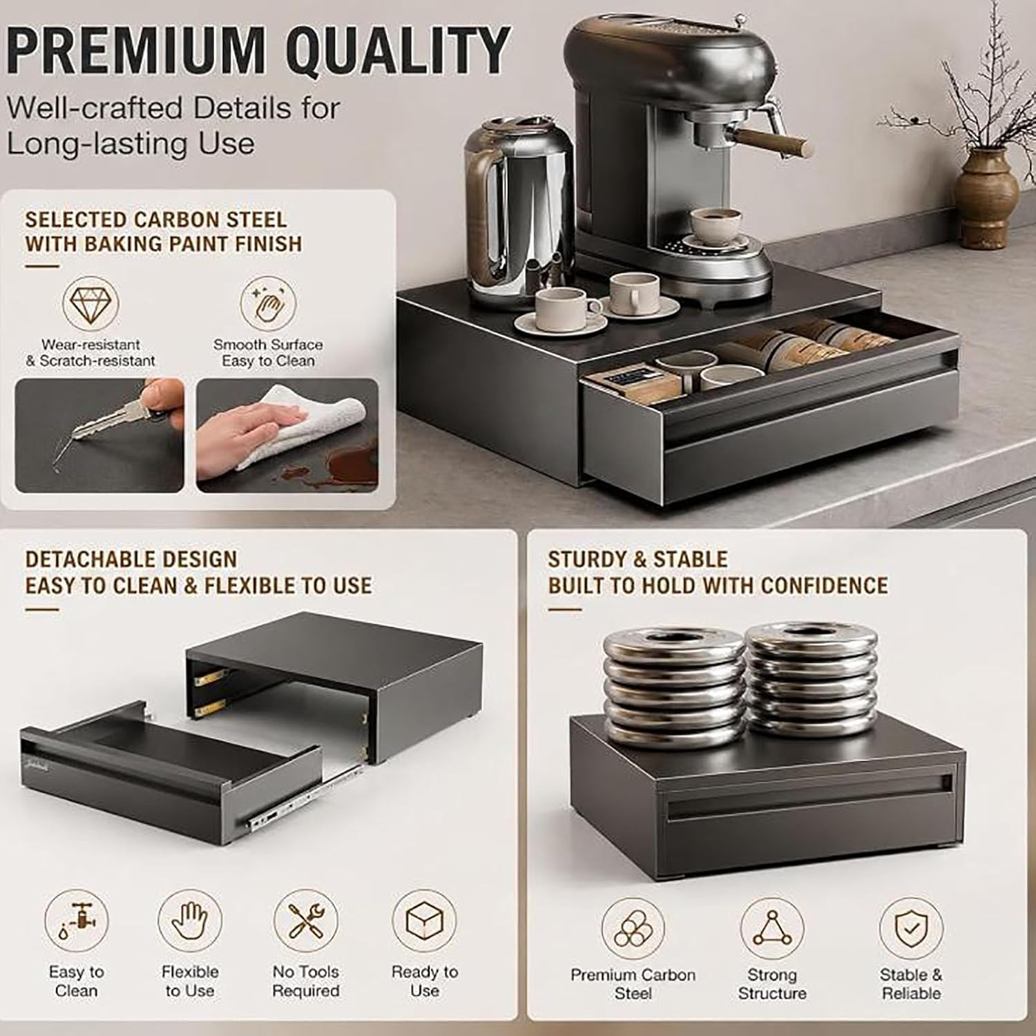 Stainless Steel Coffee Organizer with Sliding Drawer, Countertop Espresso Machine & Coffee Pod Storage for K-Cup Mugs - Space-Saving Kitchen Coffee Bar Accessories image 4