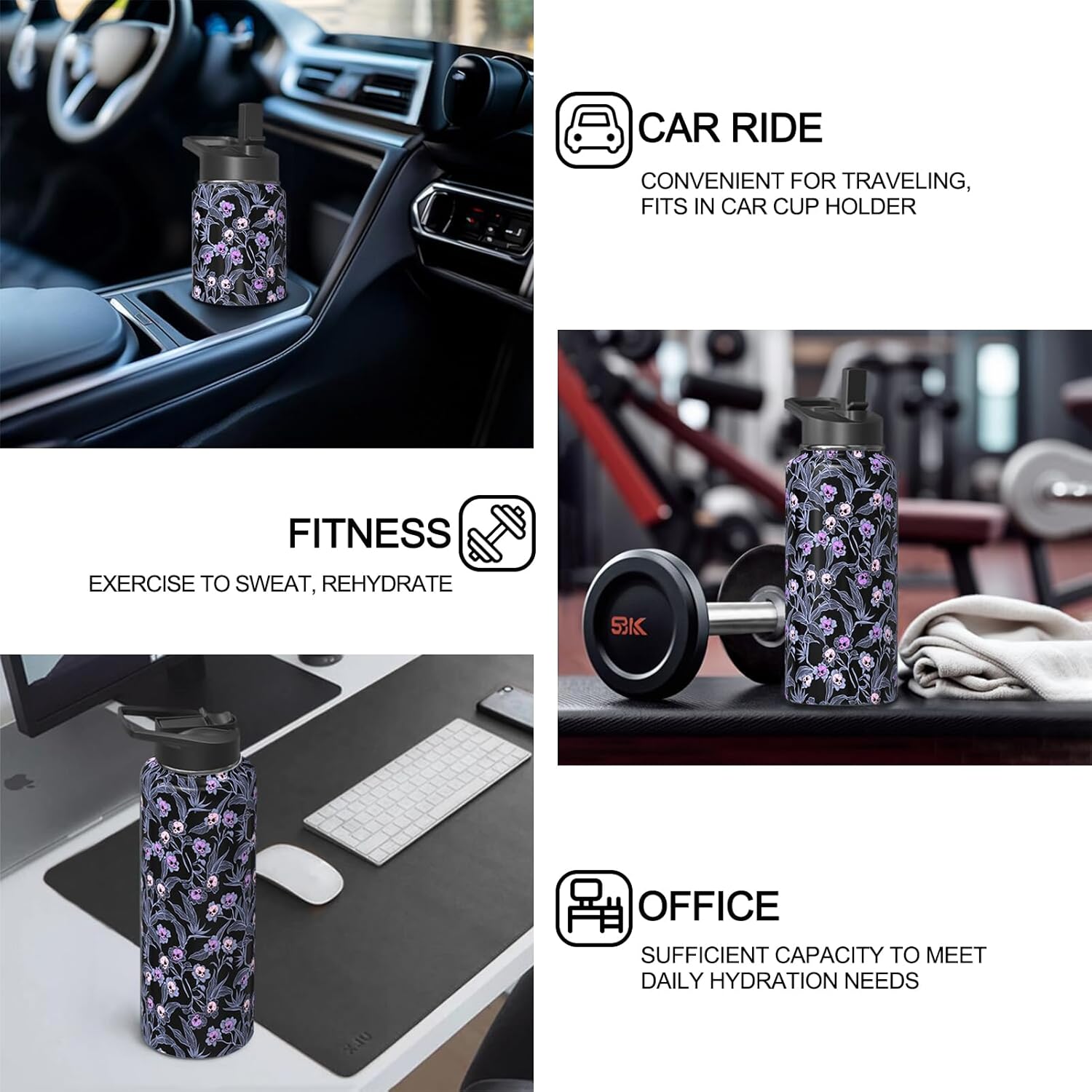 Goth Skull 40oz Water Bottles with Flip Straw & Spout Lid, Gothic Floral Stainless Steel Travel Sport Water Bottle, Holiday Gifts for Women Girls (1 PC)