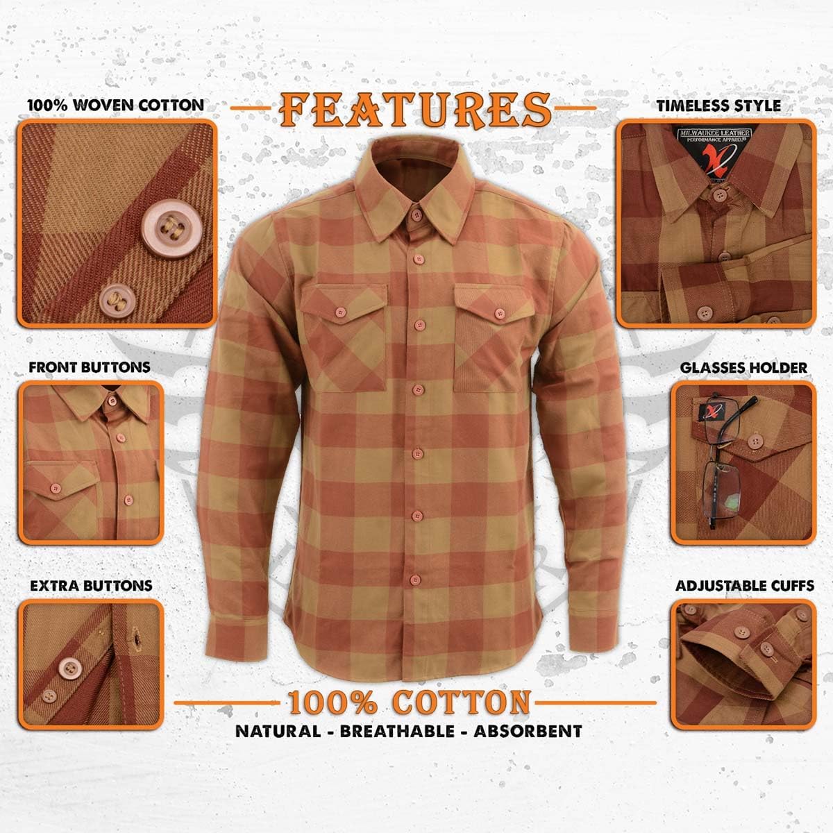 Milwaukee Leather MNG11653 Men's Brown and Beige Long Sleeve Cotton Flannel Shirt - Image 4