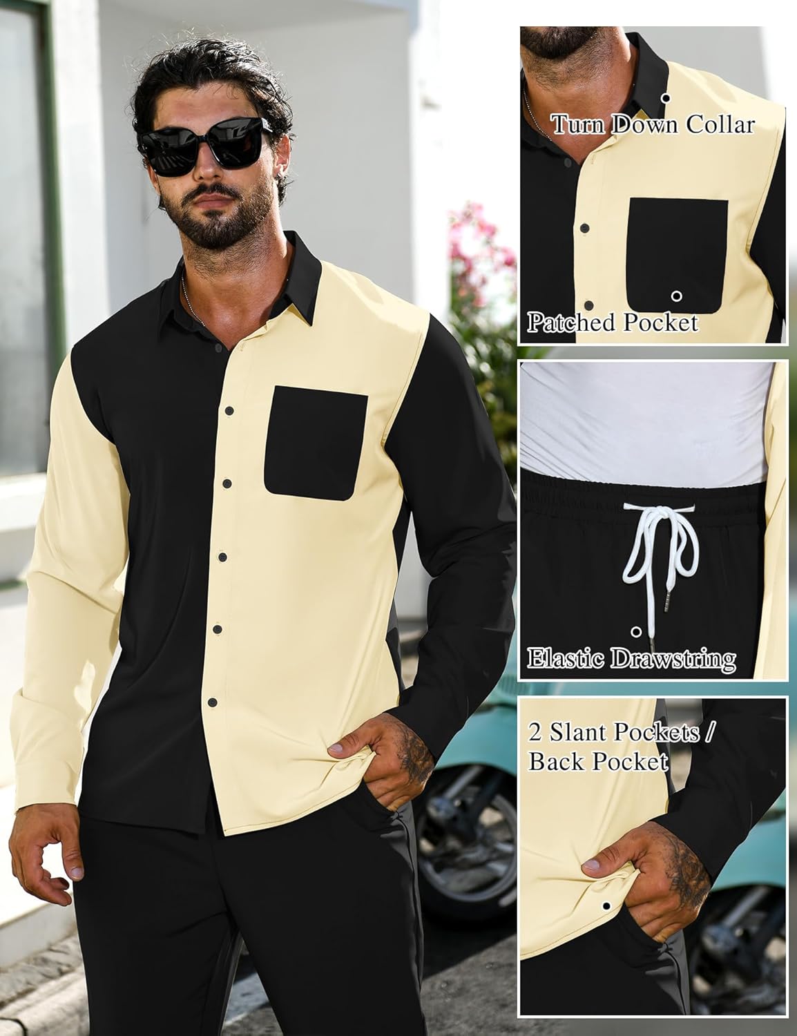 LecGee Mens 2 Piece Color Block Outfits Casual Long Sleeve Color Block Shirts and Pants Matching Set Sweatsuit - Image 5