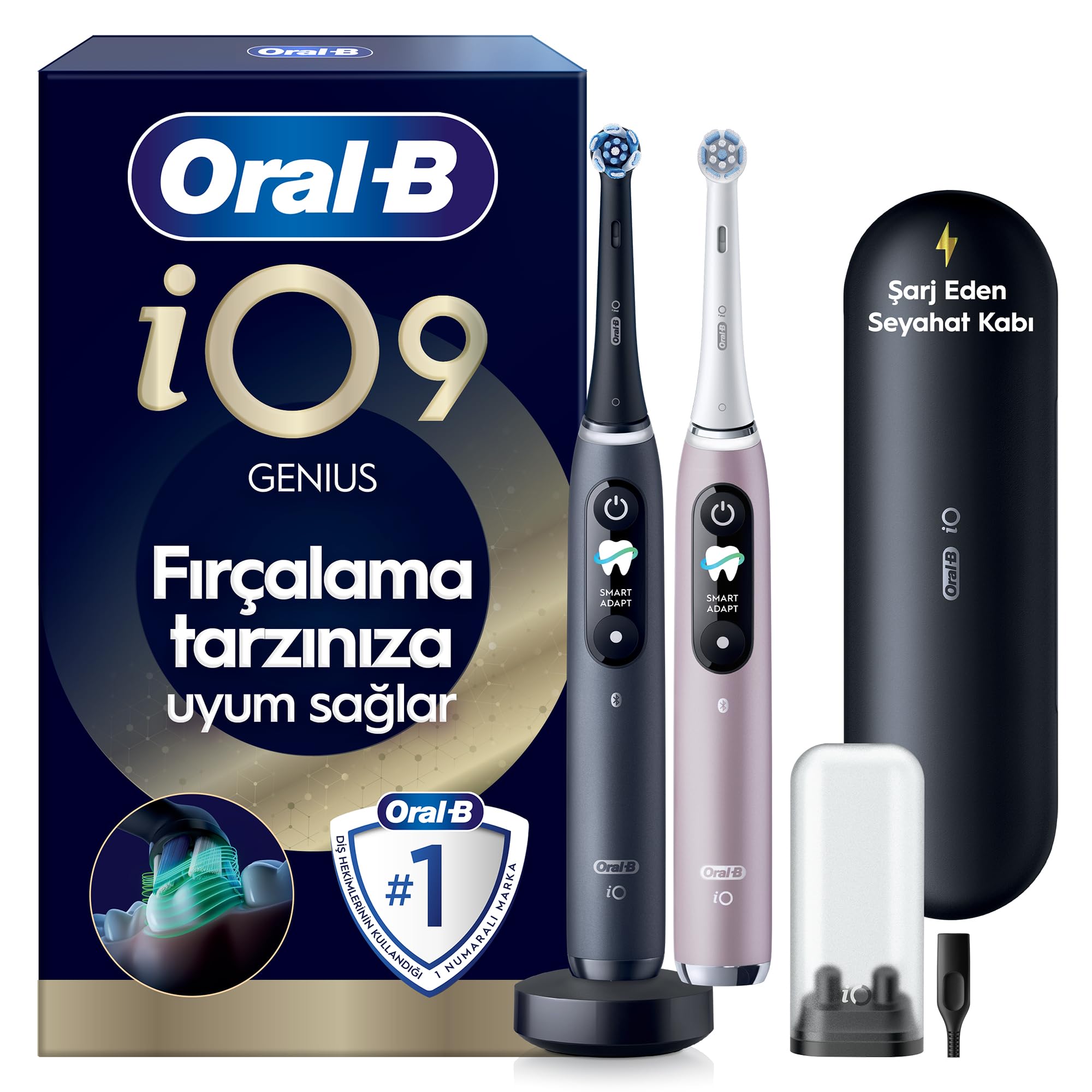 Oral-B iO9 Şarjlı/Elektrikli Diş Fırçası, 2'li Set, Rose Quartz & Siyah, 2 Fırça Başlığı, Hızlı Manyetik Şarj Cihazı, Uzun Ömürlü Pil, Şarj Eden Seyahat Kabı