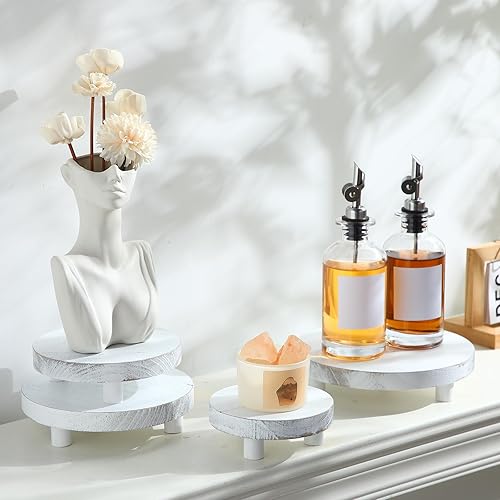 Miniatura 17 de Geetery 4 elevadores de madera para exhibición, soporte de pedestal de madera, soporte de mini bandeja redonda de madera, soporte de pedestal Marrón